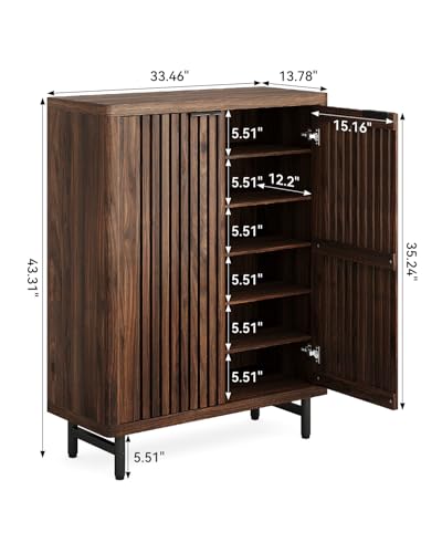 LITTLE TREE 6-Tier Shoe Cabinet with Doors for Up to 24 Pairs, Large Wooden Shoe Storage Cabinet with Adjustable Shelves, Retro Freestanding Shoe Organizer Cabinet for Entryway, Hallway, Dark Walnut