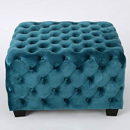 Modern Glam Button Tufted Velvet Ottoman, Dark Teal and Dark Brown