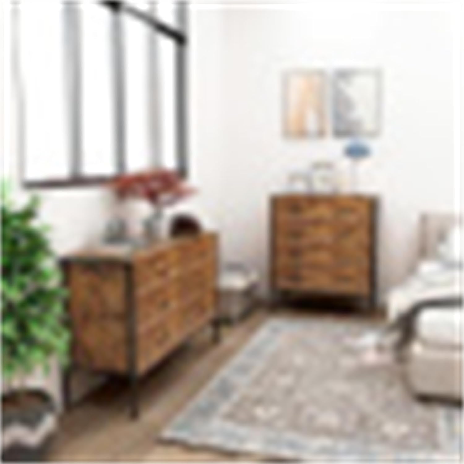 Industrial Style 4 Drawer Dresser, Rustic Brown Wood Storage Dresser Clothes Organizer with Sturdy Steel Frame, Wardrobe with 4 Drawers, Storage Cabinet for Bedroom, Living Room