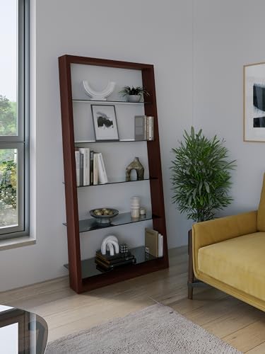 BDI Furniture Eileen 5166-74" x 34.25'' Leaning Shelf for Living Room, Family Room or Office with 5 Polished Tempered Glass Shelves, Charcoal Stained Ash