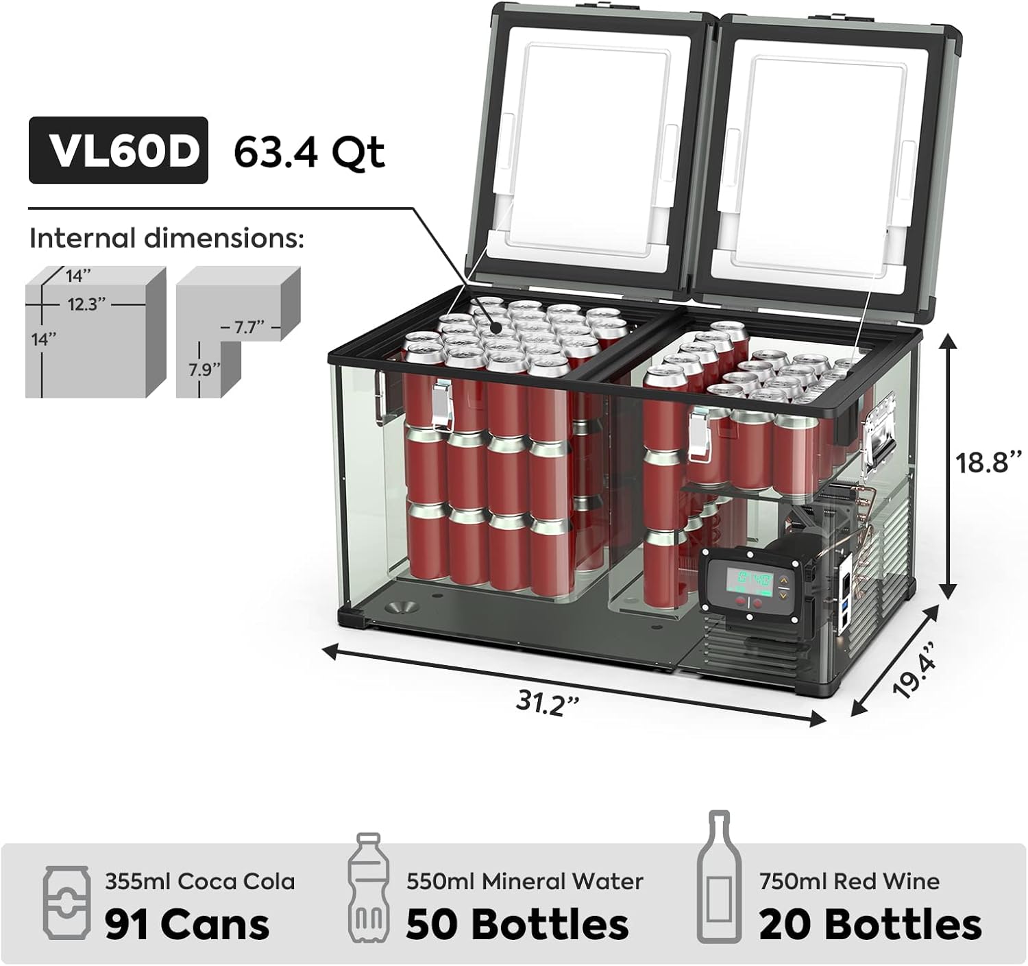 ICECO VL60 Dual Zone Portable Refrigerator with SECOP Compressor, 60 Liters Platinum Compact Refrigerator, DC 12/24V, AC 110-240V, 0℉ to 50℉, Home & Car Use (with Insulated Cover)