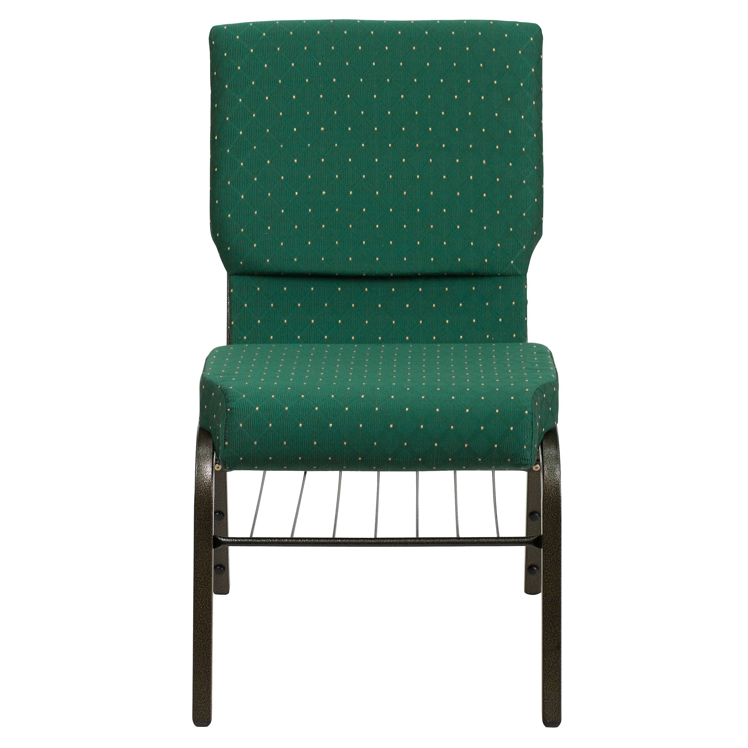 Hercules Series 18.5&&W Church Chair with Book Rack Green Patterned Fabric/Gold Vein Frame
