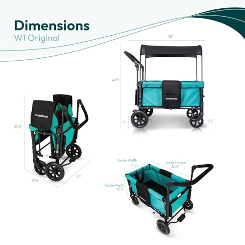 WONDERFOLD W1 Original Double Stroller Wagon (2 Seater) - Collapsible Wagon Stroller with Seats with 5-Point Harnesses, Adjustable Push Handle, and Sun Canopy, Teal Green