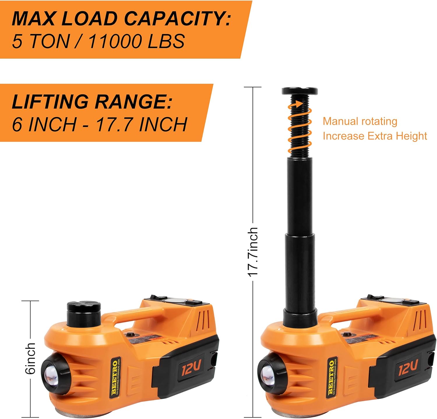 BEETRO 3 in 1 Electric Hydraulic Car Jack with Tire Inflator Pump, 5T(11000 lbs) Electric Car Floor Jack, DC 12V Electric Car Jack for an Emergency Tire Change,Lifting Range 6-17.7 inch