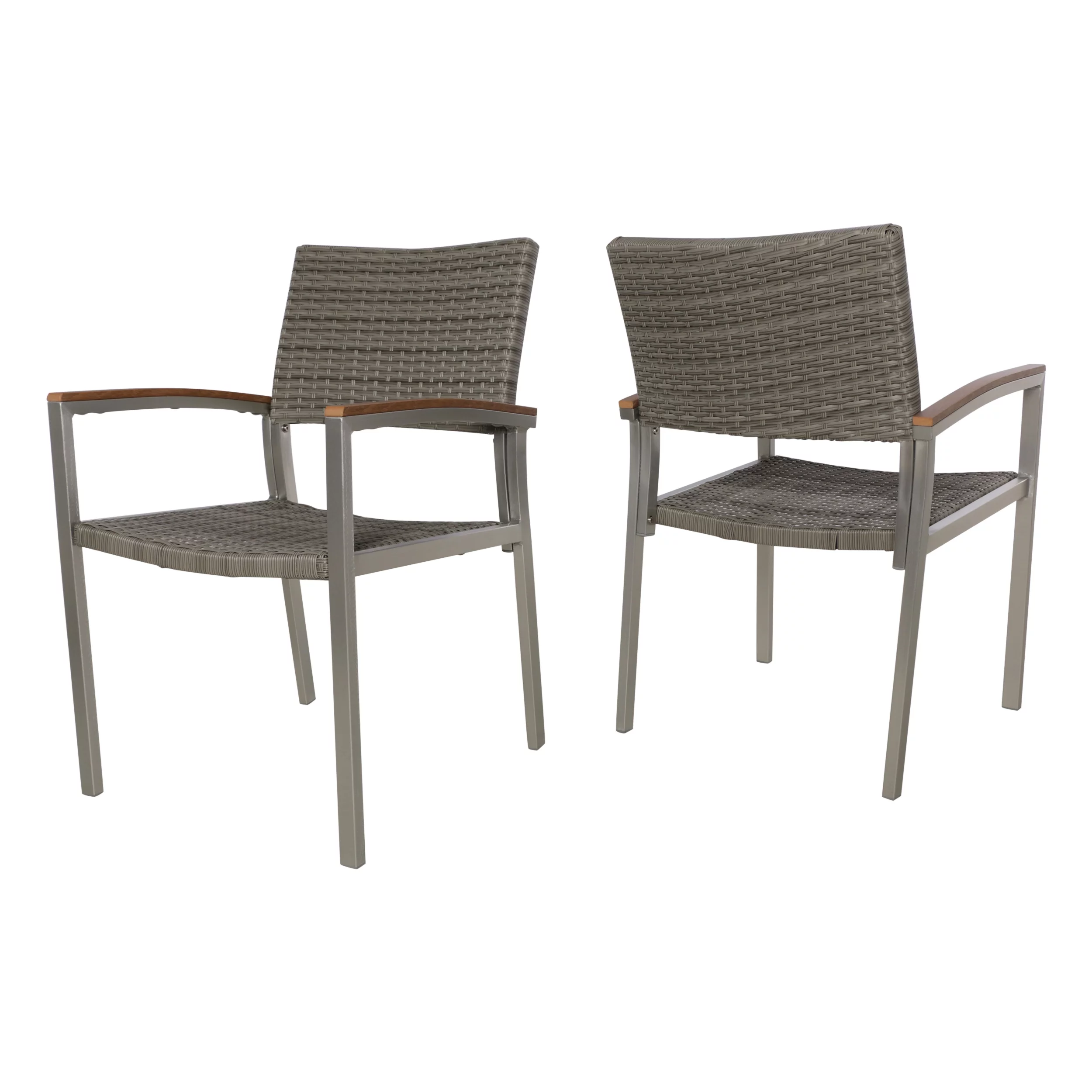 Crew Outdoor Wicker Dining Chairs with Aluminum Frame, Set of 2, Silver, Gray