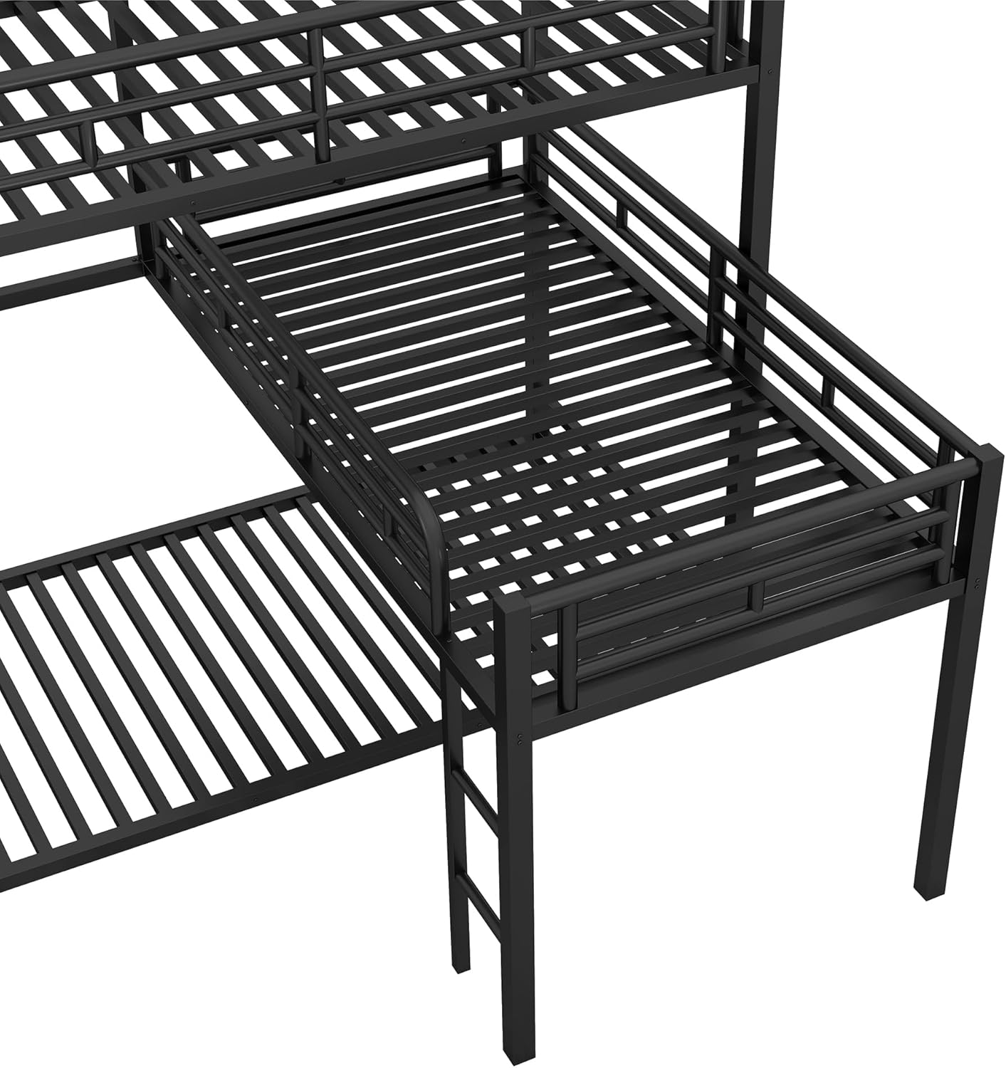 L-Shaped Triple Bunk Bed, Heavy Duty Metal Twin Size Bunk Bed with Ladder and High Guardrail, Triple Bunk Bed for 3 Kids Teens Adults, Space Saving, No Box Spring Needed, Black
