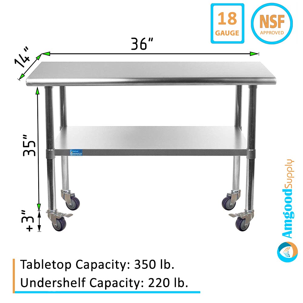 AmGood 18 x 48 Stainless Steel Work Table with Casters | Heavy Duty Metal Utility Table On Wheels | Kitchen Island Cart