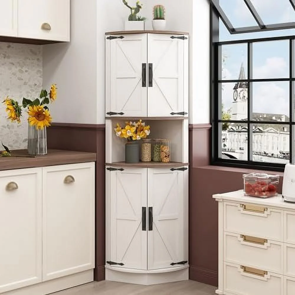 RUNFAYBIU 64.8" Tall Farmhouse Corner Cabinet with 4 Doors and 5  Shelves  Farmhouse  Cabinet with Barn Door Design  Home Space Saver for Living Room  Kitchen  Laundry Room White