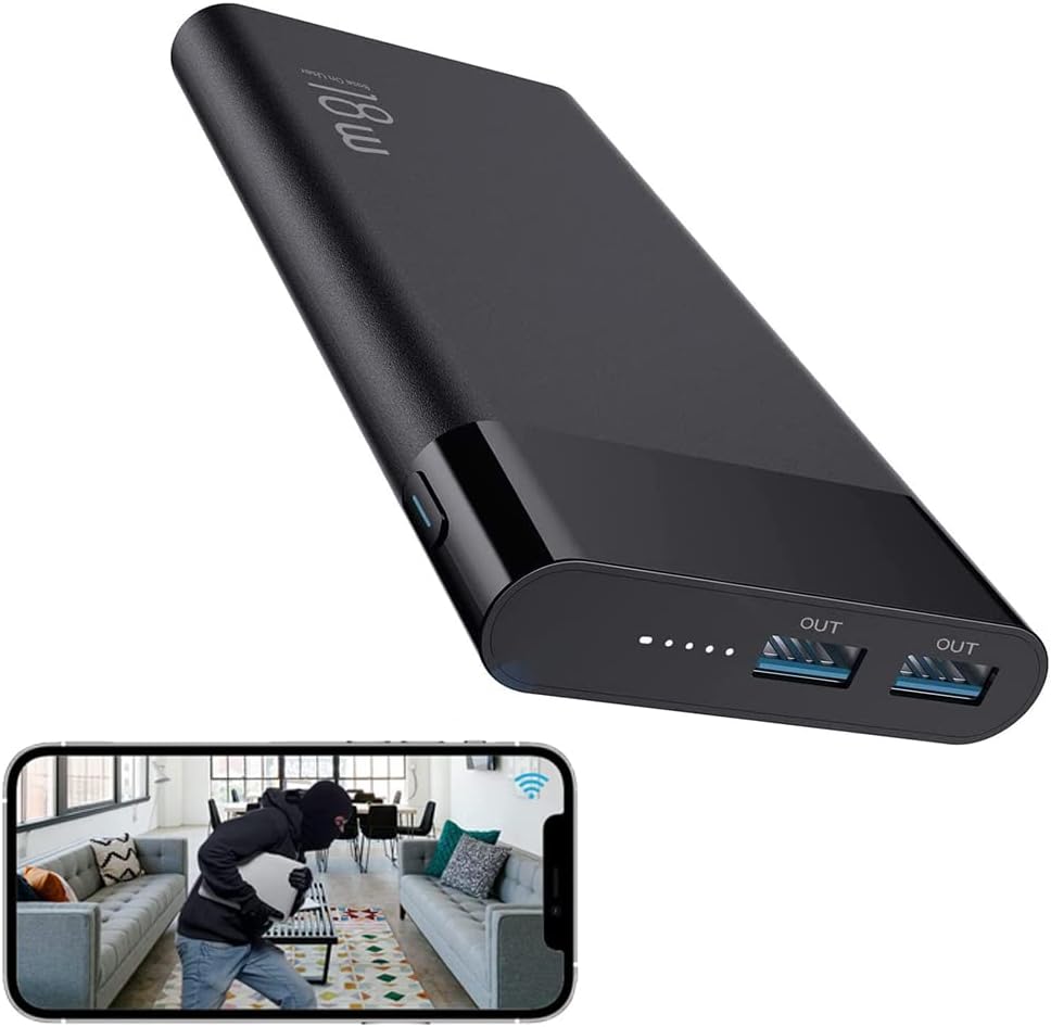 Lizvie 10000mAh Power Bank, Portable Smart WiFi(2.4G only) Camera HD 120 Degree Lens Angle Motion Detection Cam