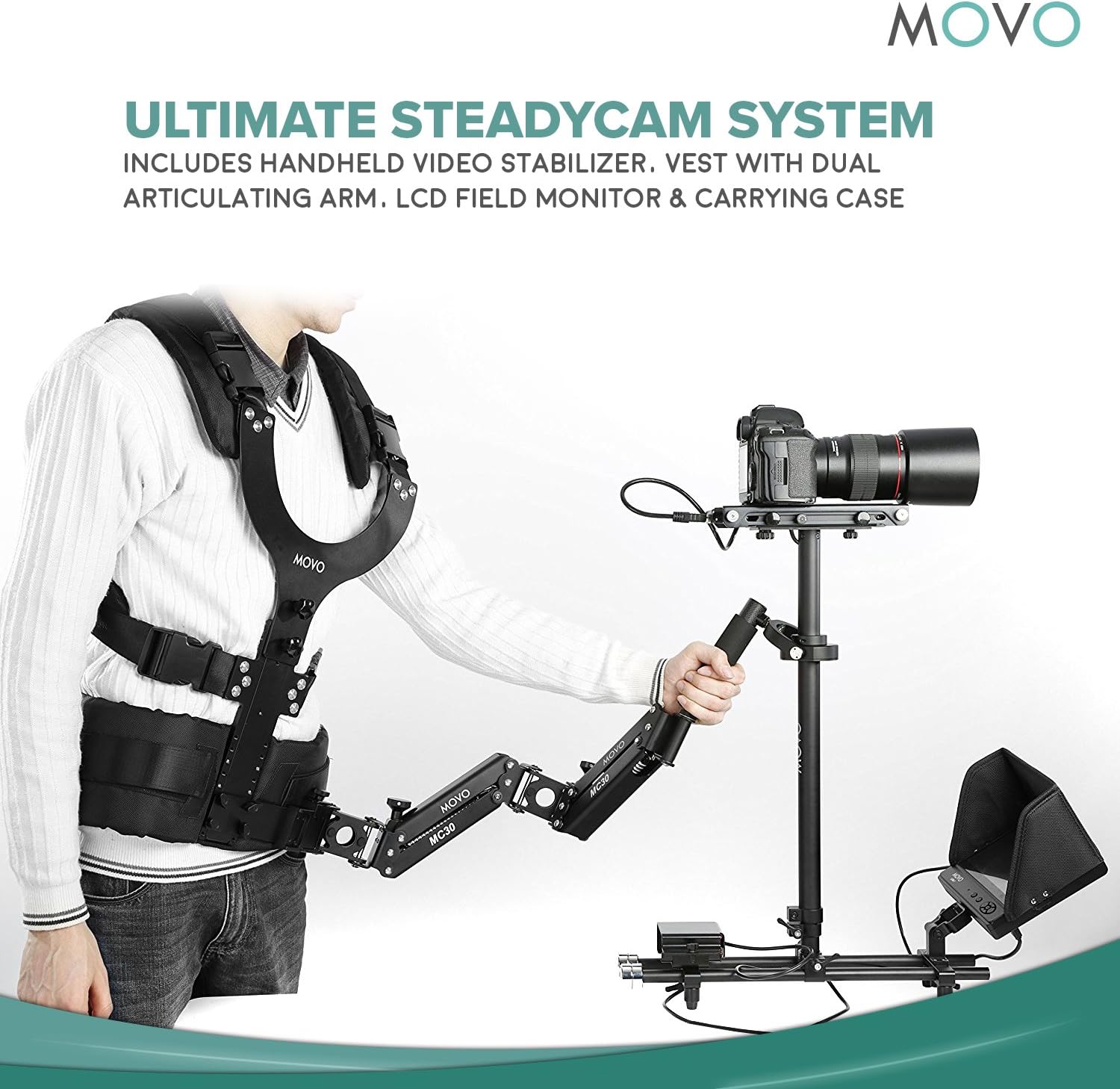 Movo X100 Ultimate Steadycam System Bundle - Includes Handheld Video Stabilizer, Vest with Dual Articulating Arm, LCD Field Monitor and Deluxe Carrying Case