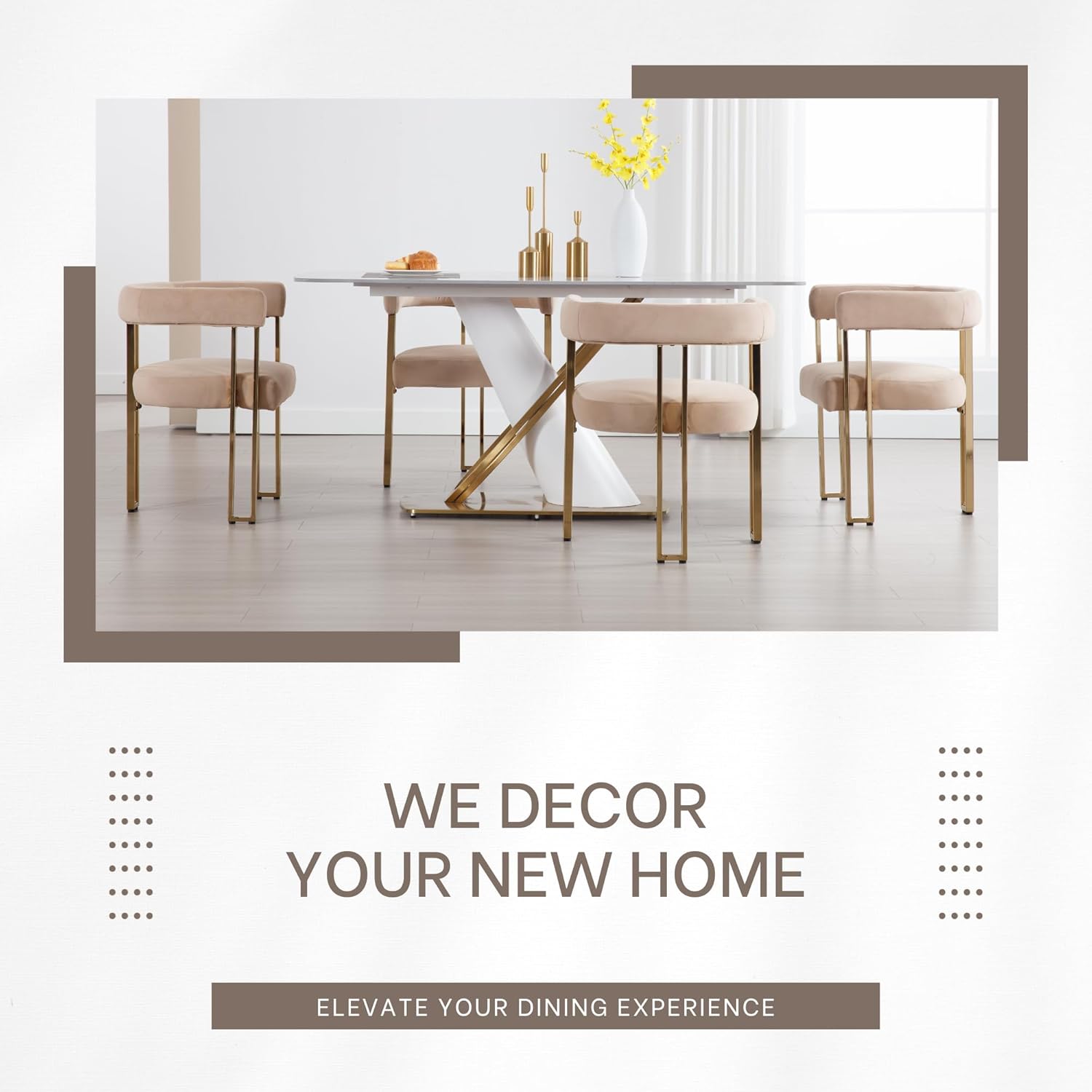 chairus Dining Chairs Set of 6, Modern Dining Chairs upholstered Kitchen Chairs Gold Metal Boucle Dining Chair with Hollow Back for Kitchen Dinning Room Restaurant - Velvet, Khaki