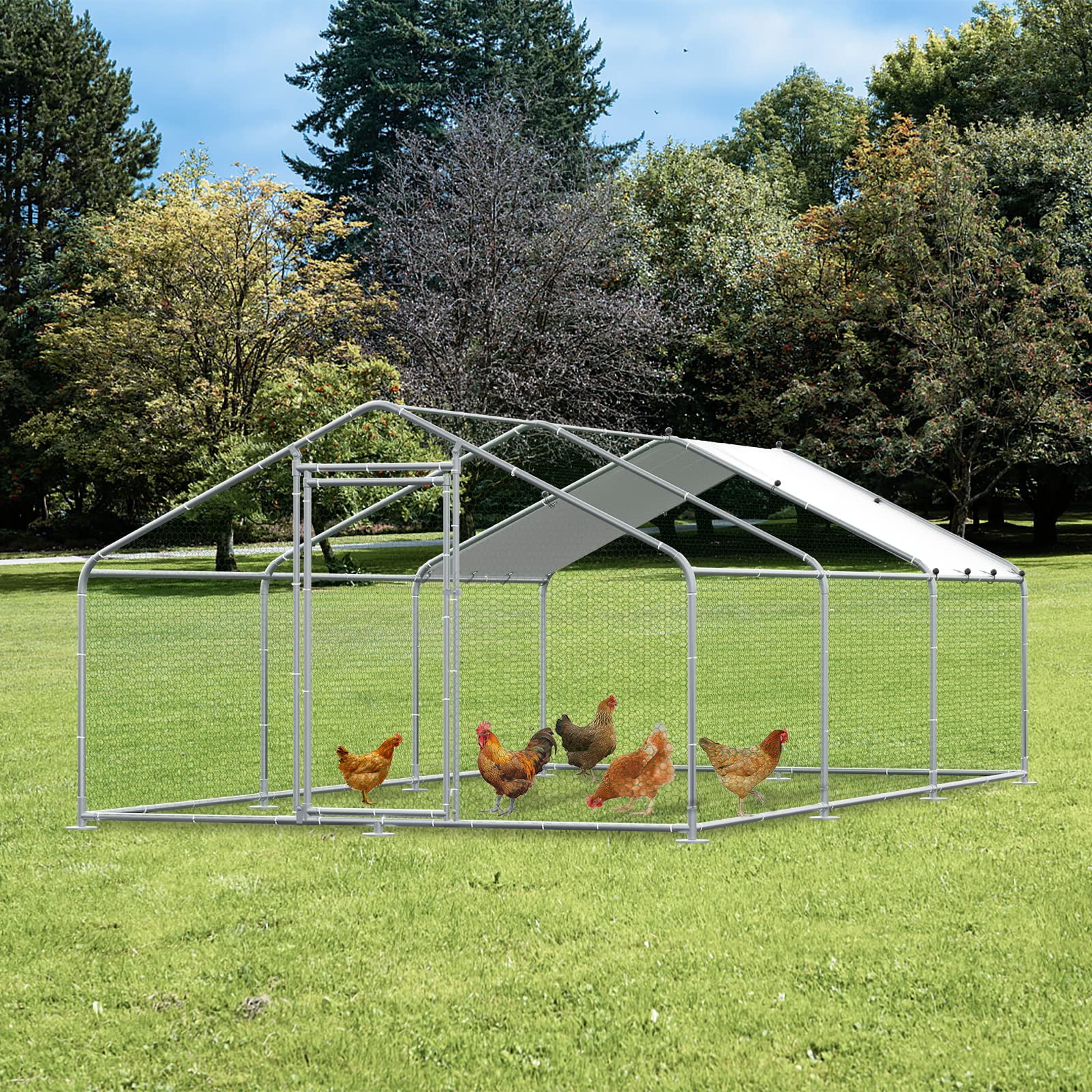 MEETWARM Large Metal Chicken Coop Run, Walk-in Poultry Cage Chicken Run Pen, Duck Rabbits House Spire Shaped Coop with Waterproof Anti-UV Cover for Outdoor Farm Use