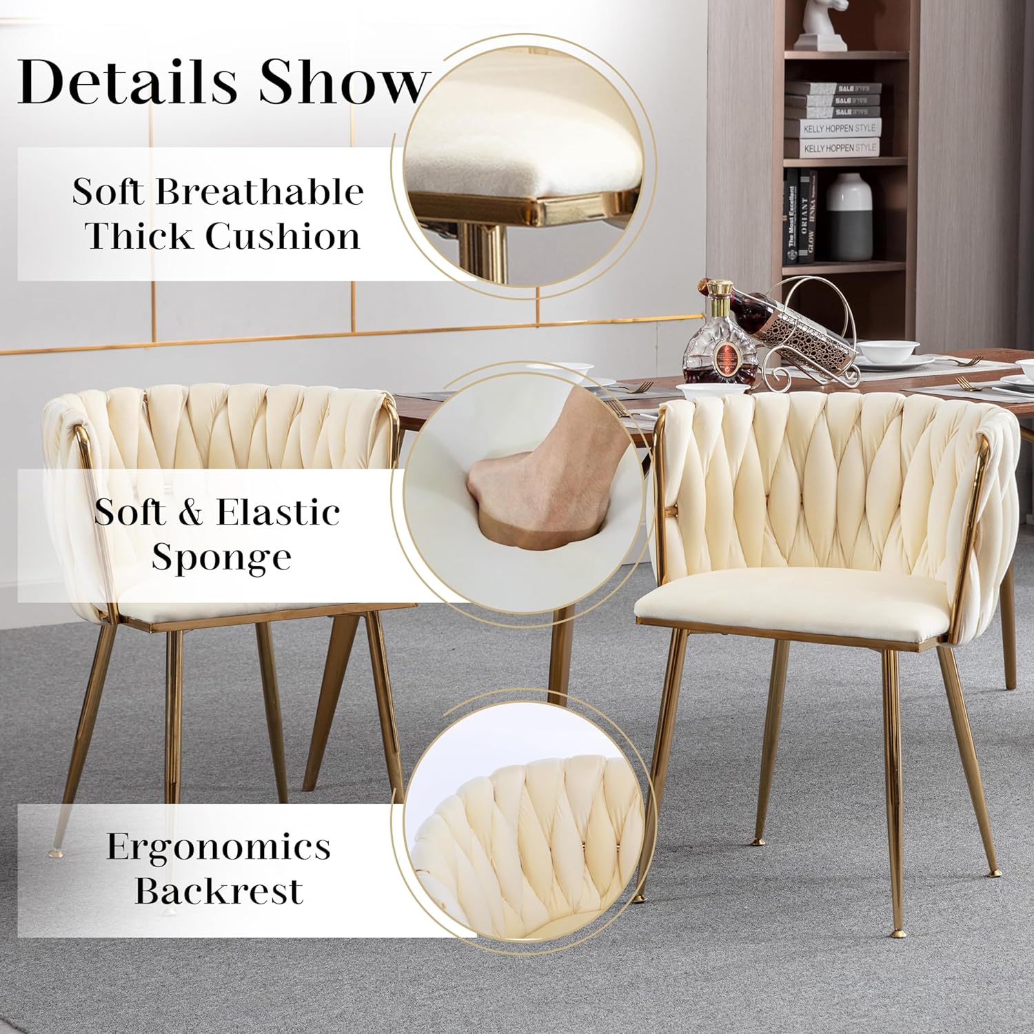 Gold Glass Dining Table Set for 6, 51'' Modern Rectangle Dinner Room Table Set, 7 PCS Clear Glass Top Retro Kitchen Table Set, Beige Woven Dining Chair for Living Room Small Apartment