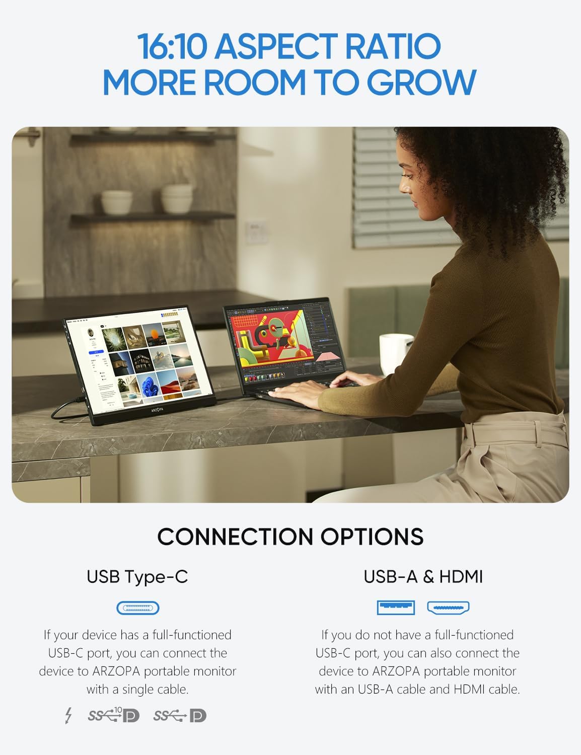 ARZOPA 2.5K Portable Monitor 16" 2560x1600 HDR Kickstand Display, 500nits 8bit QHD USB-C HDMI Laptop Monitor, 16:10 IPS Eye Care External Second Screen for Mac PC Phone PS4/5 Xbox Switch-Z1RC