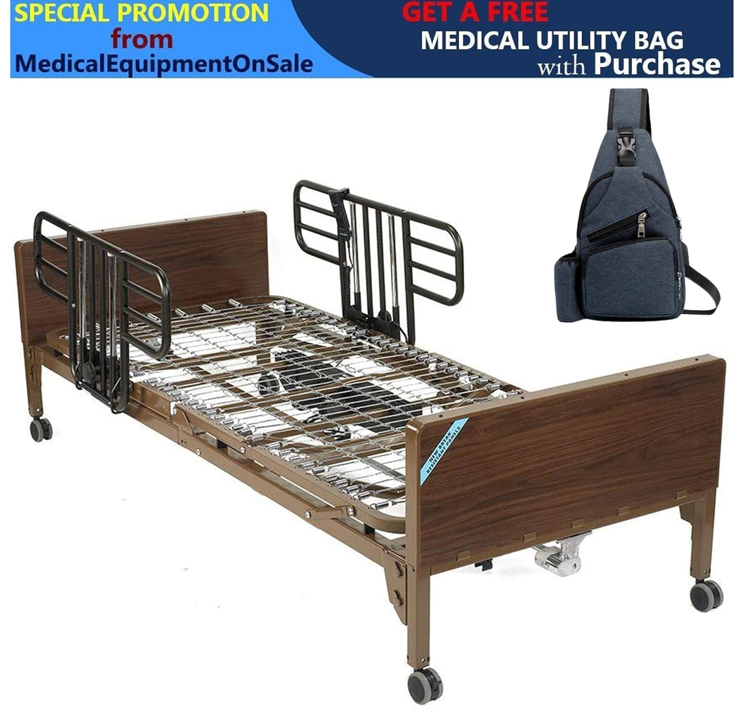 Drive Delta Ultra Light Semi Electric Hospital Bed with Half Rails & Free Navy Blue Medical Utility Bag!