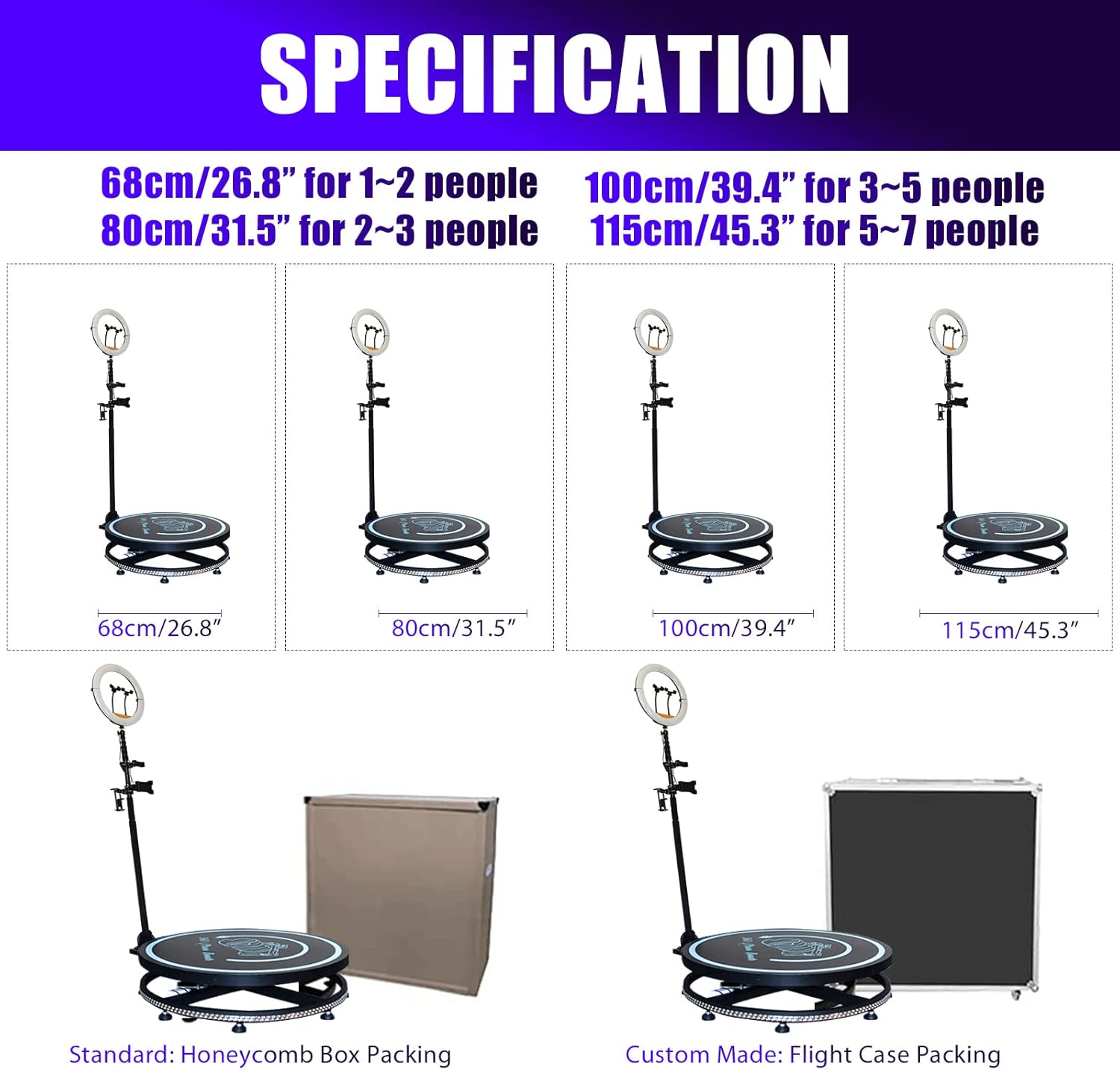 360 Photo Booth Machine for Parties with Free Logo Ring Light Selfie Holder Accessories,2 People Stand on Remote Control Automatic Spin 360 Video Camera Booth Platform Spinner 26.8” with Trolly