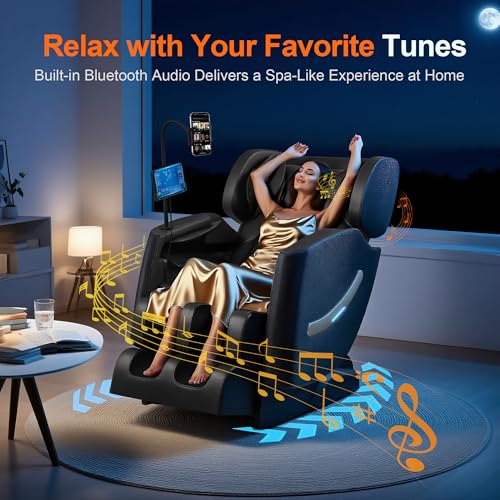 2025 Massage Chair Full Body - Zero Gravity Massage Chair Recliner for Fatigue w/Heating, Air Pressure Massage, 6 Auto Mode, 10 Rollers, Footrest, Bluetooth, Time, Gift for Parents & Seniors （Black）