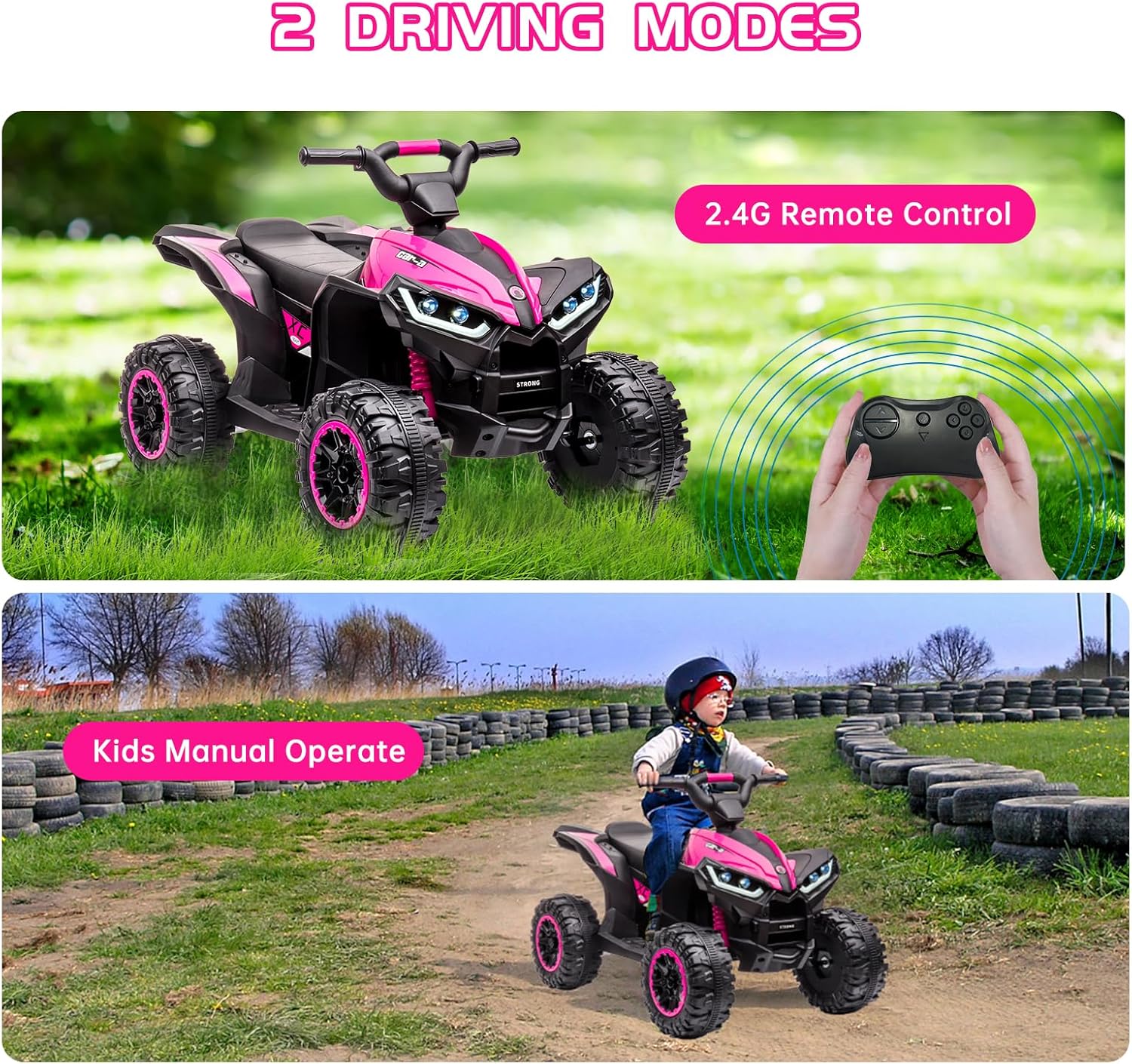 Four Wheeler for Kids, Electirc Toddler 4 Wheeler for Kids 3-8, Ride on ATV 12v Battery Bowered, Kids Quad with LED Lights, Music, High Low Speed, USB, Treaded Tires, Pink
