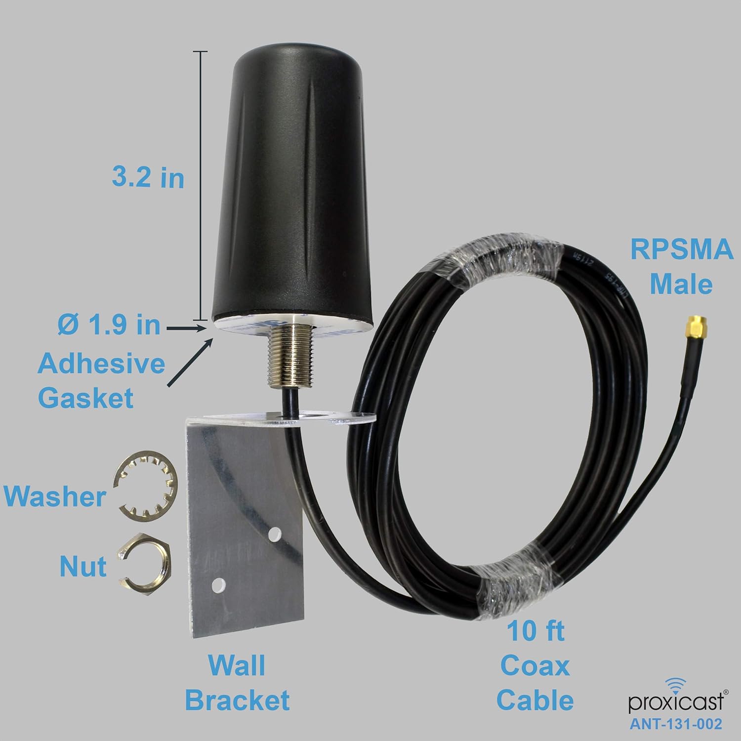 Vandal Resistant Low Profile Dual Band 2.4/5.8 GHz Wi-Fi 802.11 b/g/n/ac/ax Omni-Directional Antenna - 3-5 dBi Gain - Fixed Mount - 10 ft Coax Lead w/RP-SMA Pack of 2
