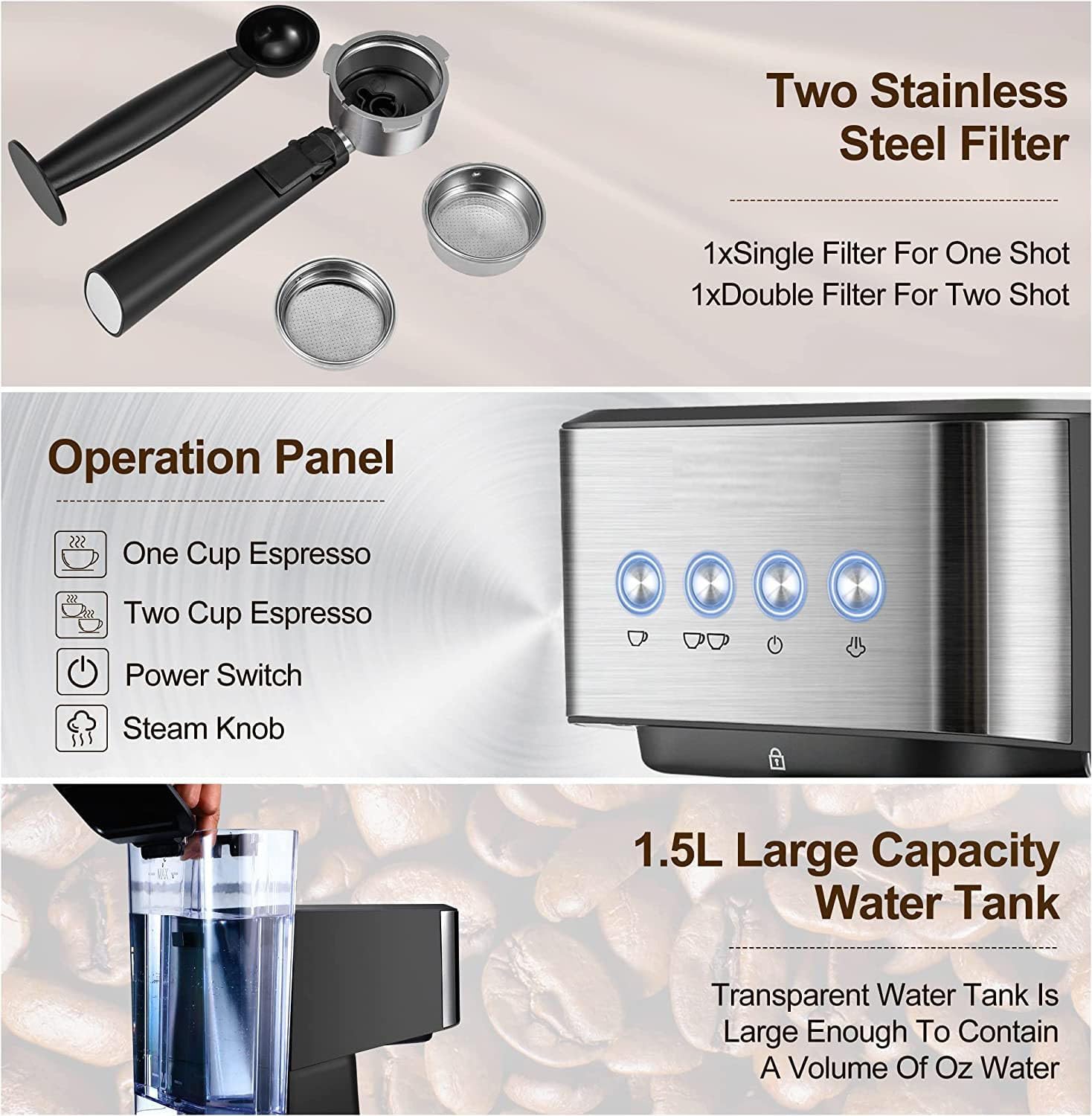 Coffee Espresso Machine, 20 Bar Semi-Automatic Espresso Machine with Milk Frother Steam Wand, Coffee Maker for Cappuccino, Latte, Espresso Machines for Home, 50oz Removable Water Tank