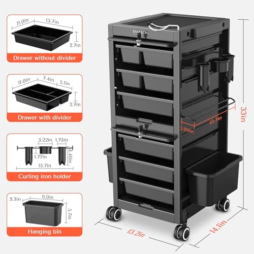TASALON Lockable Beauty Salon Cart - Salon Stations for Hair Stylist, Salon Trolley with 6 Drawers and Tool Holders, Rolling Cart with Wheels, Lock and Door, Tool Cart for Barber Station, Pink