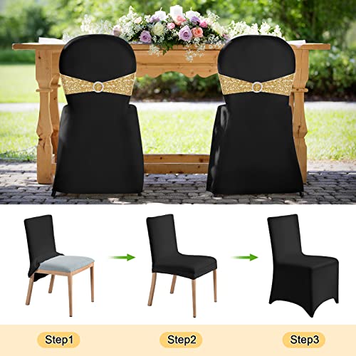 Chumia 50 Sets Chair Covers and Chair Sashes, Spandex Stretch Chair Slipcovers with Shiny Sparkly Chair Bands Bows for Wedding Party Banquet Dining Chair Decor (Black,Rose Red)