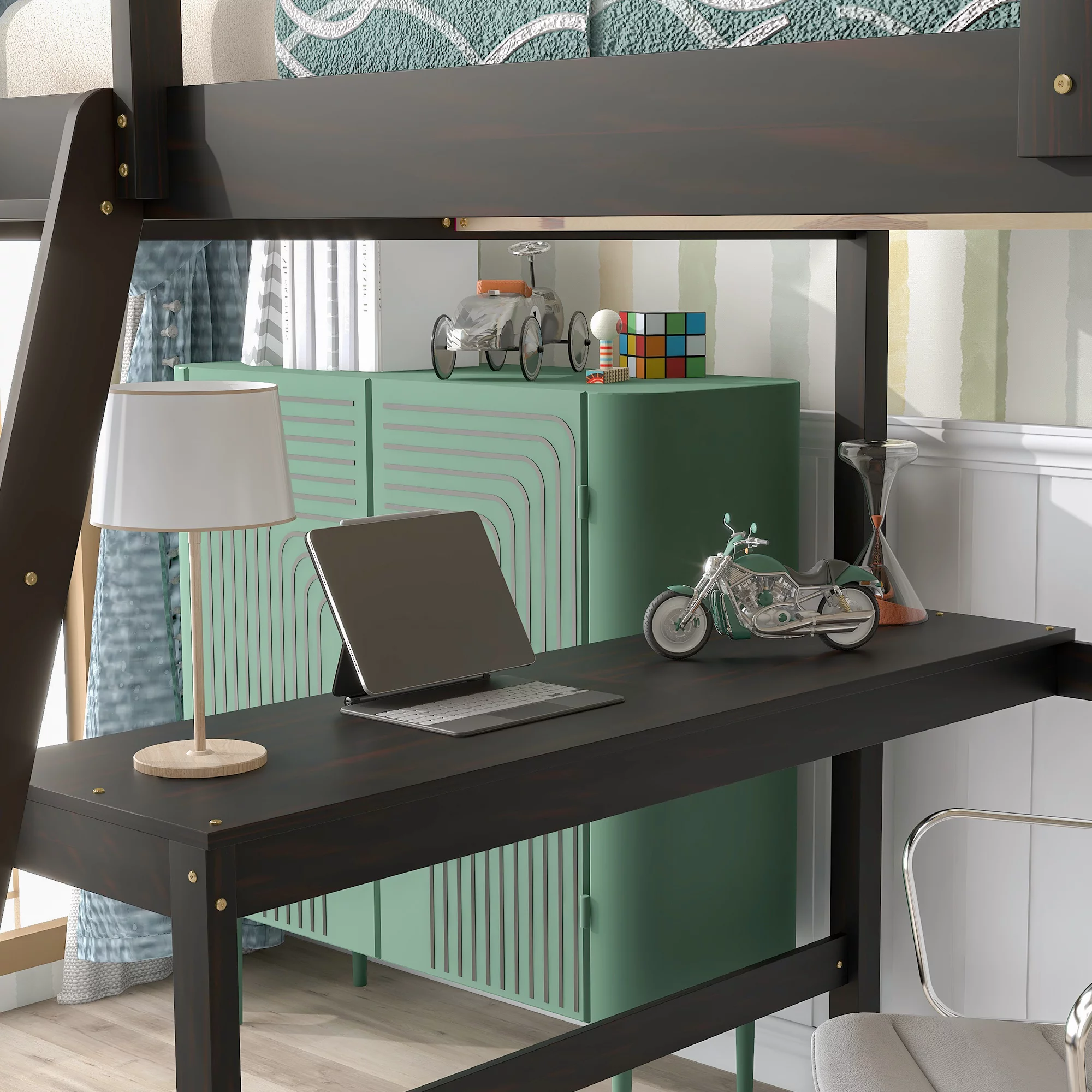 Wooden Full Loft Bed with Desk, Full Size Bunk Bed with 4 Tier Storage Shelves, Workstation Desk, Safety Rail, Wider Ladder for Kids Teens Adults, Space Saving Design, No Spring Box needed, Espresso