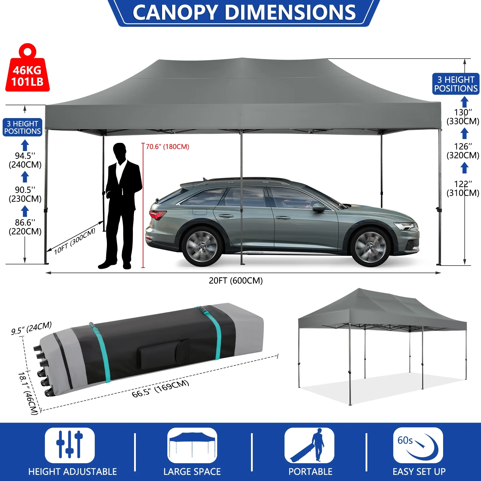 COBIZI 10x20 Pop up Canopy, Commercial Heavy Duty Canopy UPF 50+ All Weather Waterproof Outdoor Wedding Party Tents Gazebo with Roller Bag, Gray