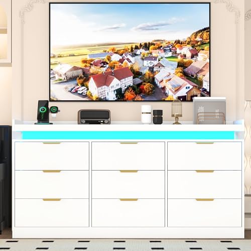 White Dresser with LED Lights, Wooden LED Dresser, 4 Drawer Chest with Charging Station, Tall Chest of Drawer Closet Organizer for Bedroom, Living Room, Entryway, Hallway