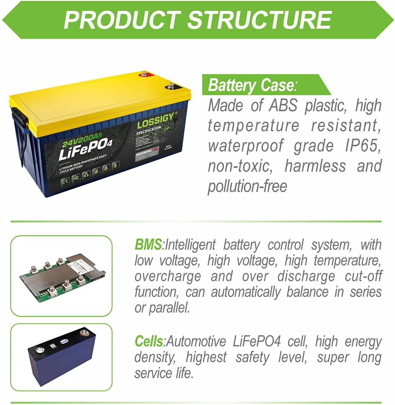 LOSSIGY LiFePO4 Battery 12V 200Ah Deep Cycle Lithium Ion Battery, Built-in 100A BMS, 4000+ Cycles, 280Amp Max, Perfectly replace all RV, Solar systems, Marine Batteries Application, Maintenance-Free