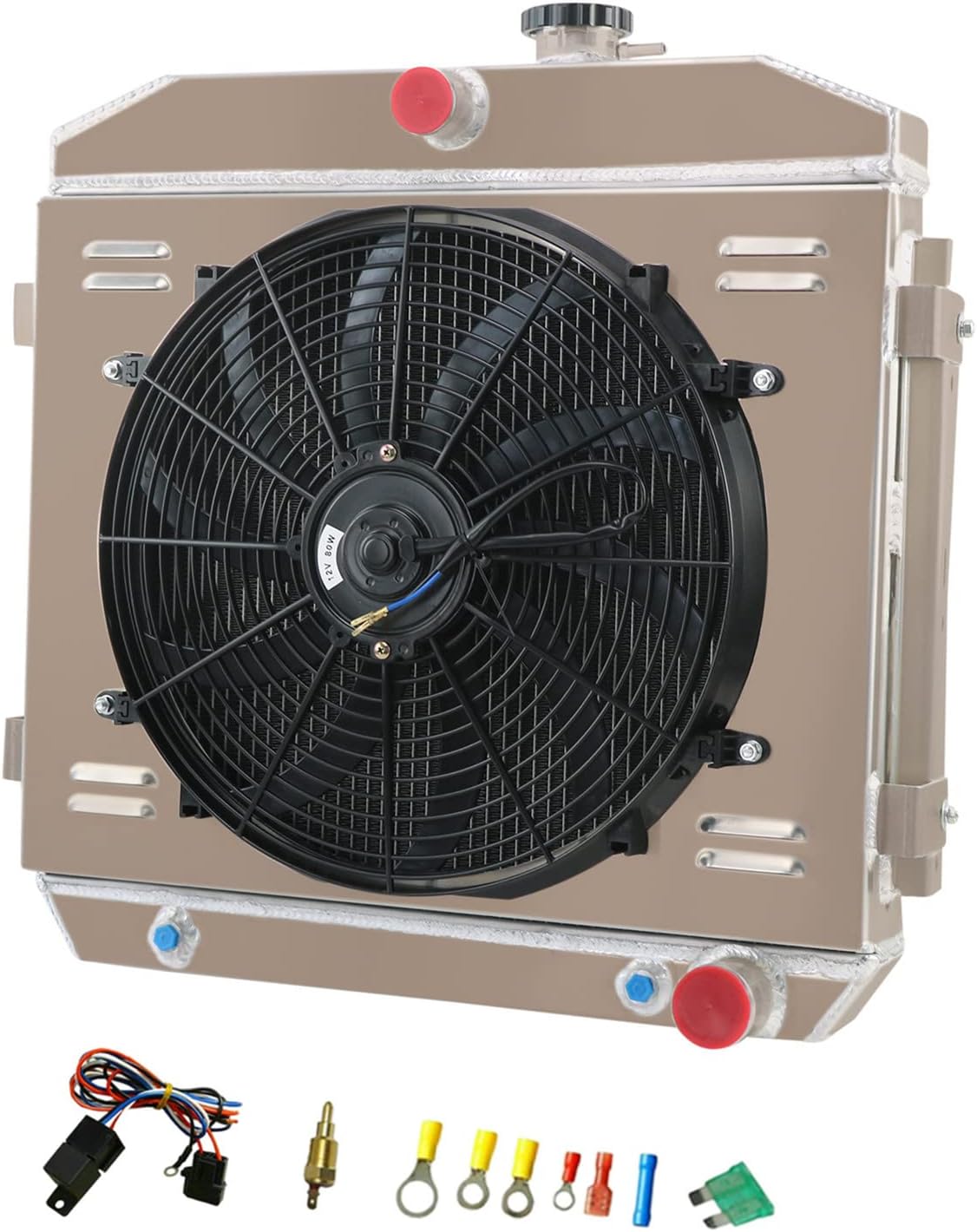 CoolingSnow 4 Row Radiator for Chevy Bel Air Nomad V8 1955 1956 1957 Aluminum Radiators + Shroud fan + Thermostat Relay Kits