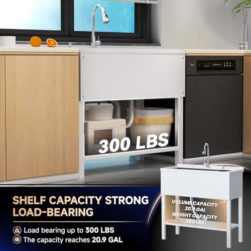 Stainless Steel Utility Sink,24" FreeStanding Laundry&Utility Room Sinks with Cold and Hot Water Faucet,Hoses and Drain Kit Commercial Single Bowl,Laundry Sink for Kitchens, Garage (24x18x36 Black)