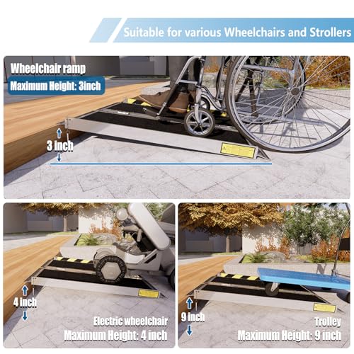 Protable Wheelchair ramp 3FT,Non-Slip Folding Aluminum Handicap Ramps,Threshold Ramps for Home,Holds up to 600lbs,Wheelchair ramp for Steps,Suitable for Stairs Steps,Doorways (Non-Slip 3FT)