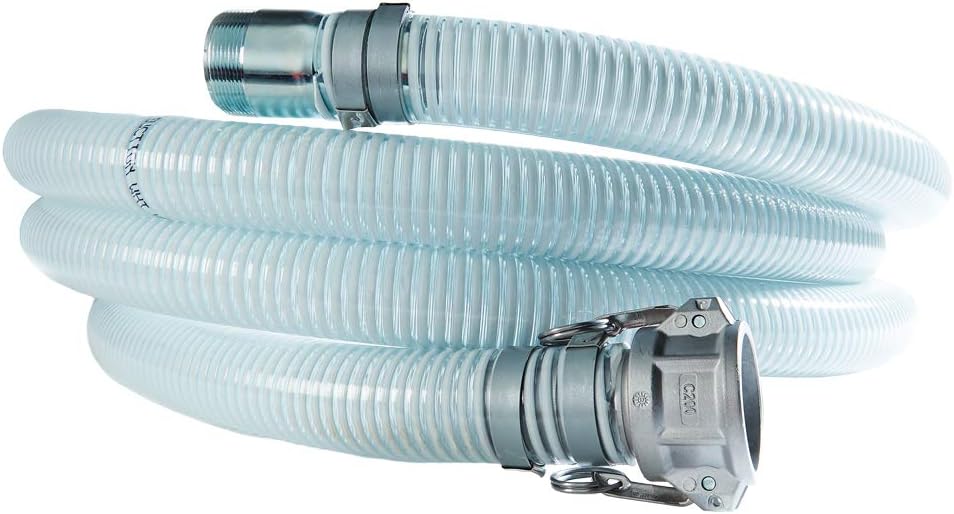Suction Pump Water Hose with Pump Threads/Camlock - Made in the USA - White/Clear Trash Pump Hose - 2 x 20'