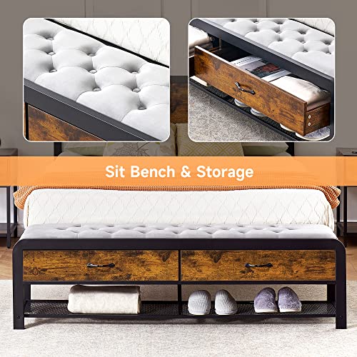 IDEALHOUSE Bedroom Set, 3-Pieces Bedroom Sets, Queen Size Bed Frame with Headboard and Storage Drawers Bench, Nightstand with Charging Station and Storage Drawer