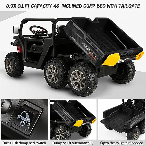Hikole Two Seater Ride on Cars for Kids, 6x6 24V Kids UTV with Dump Bed&Shovel, 6 EVA Tires, Spring Suspension, LED Light, Music, Bluetooth, USB, Side by Side Electric Dump Truck for Boys 3-8, Blue