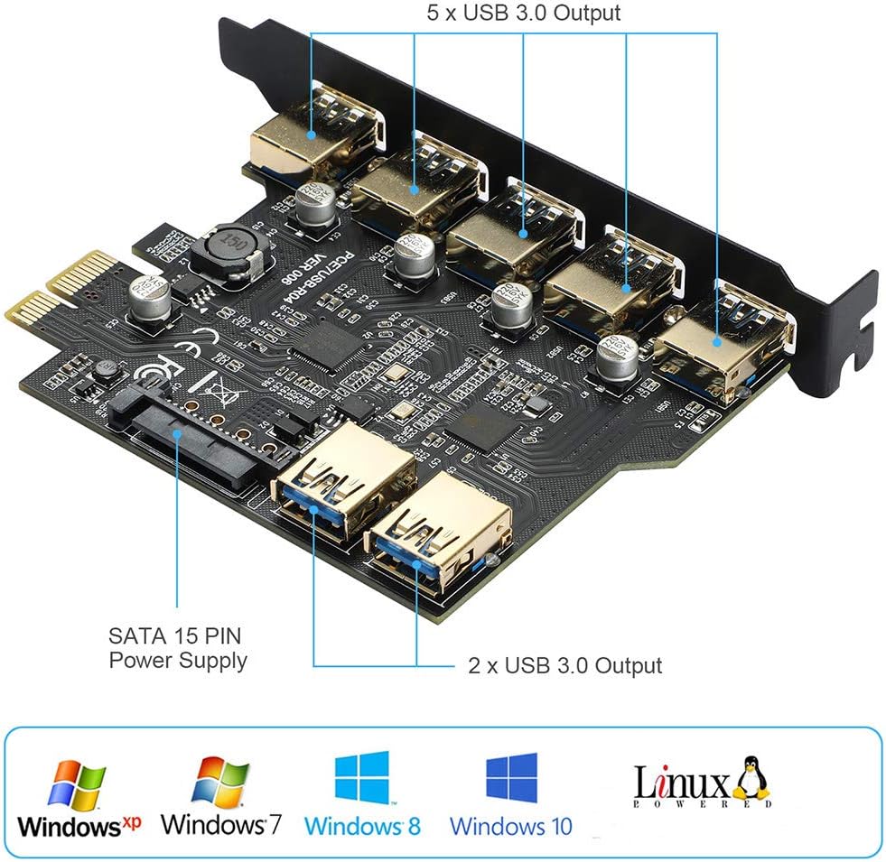 BEYIMEI USB pcie Card,PCI-E to USB 3.0 7 Ports Expasion Card with 15-Pin SATA Power Connector - PCI Express(PCIe) Expansion Card USB Card for Windows XP/Vista / 7/8/10 / Linux Pack of 2