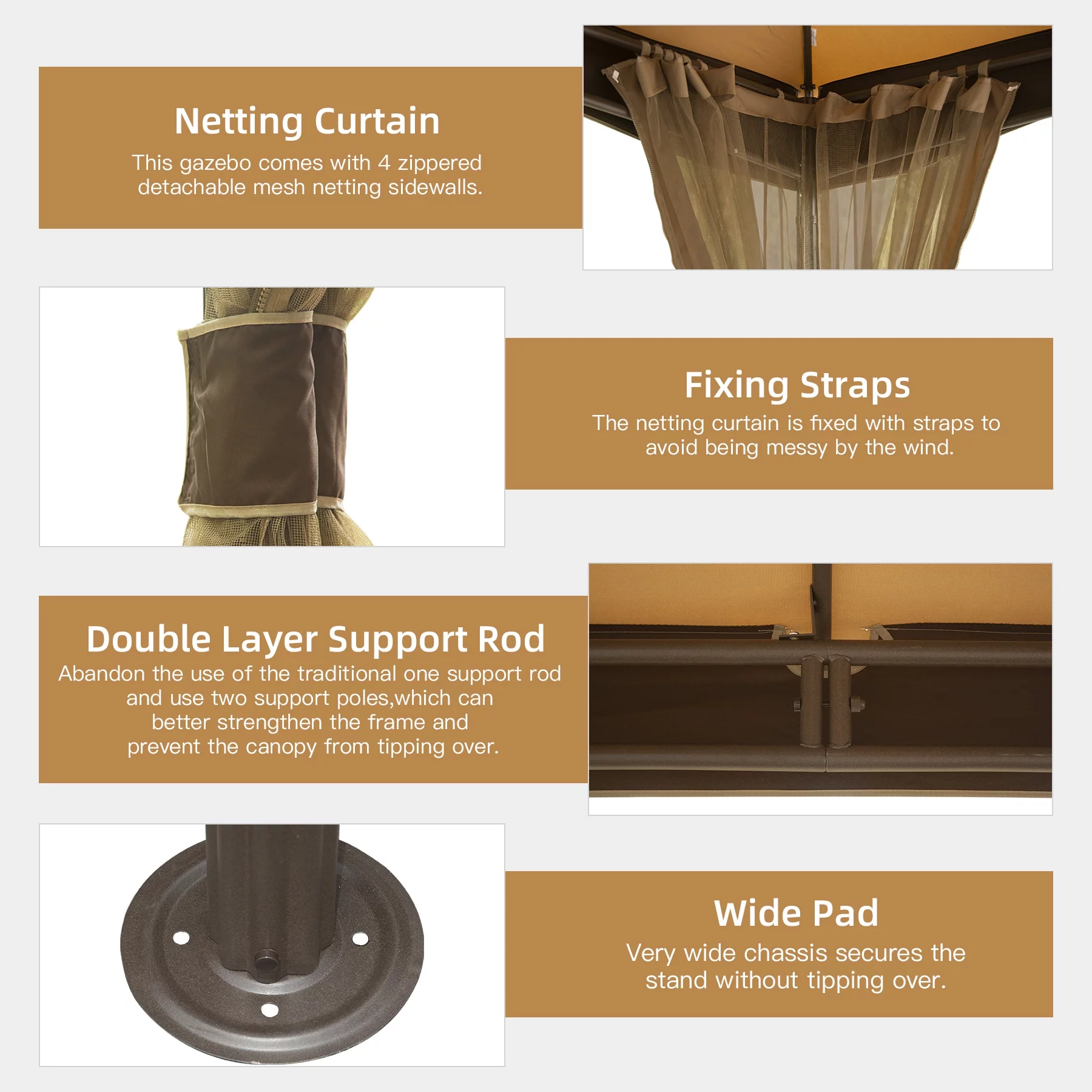 Domi Outdoor Living 10'x13'Patio Gazebo Outdoor Ventilation Double Roof Gazebo with Mosquito Netting for Patio,Lawn and Garden, Brown