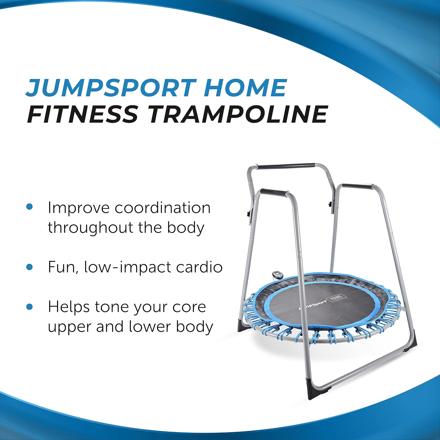 JumpSport Home 125 Fitness Trampoline - Exercise Trampoline with Handlebars - Fitness Rebounder for Home Workout - Up to 250 lbs Weight Capacity