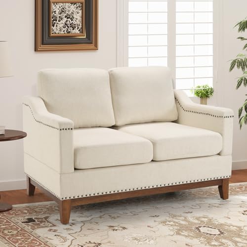 Classic 3-Seater Upholstered Sofa with Nailhead Trim, High-Density Foam Cushions & Sturdy Solid Wood Legs, Soft Fabric Couch for Living Room, Beige