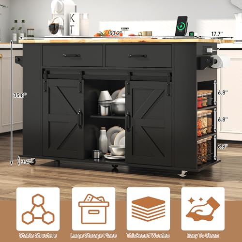 59" Kitchen Island W/Power Outlet&Drop Leaf,Kitchen Rolling Island W/Spice Rack&Towel Rack&Drawers,Kitchen Island Cart W/Sliding Barn Door,Mobile Island Table W/Adjustable Shelves for Dining Room