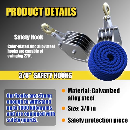 Block and Tackle 4400LBS Breaking Strength Heavy Duty Pulley, 65 Ft Rope Pulley, 7:1 Lifting Power Pulley System, Pulley Hoist with 2 Pcs 8 Ft Lift Sling(Black)