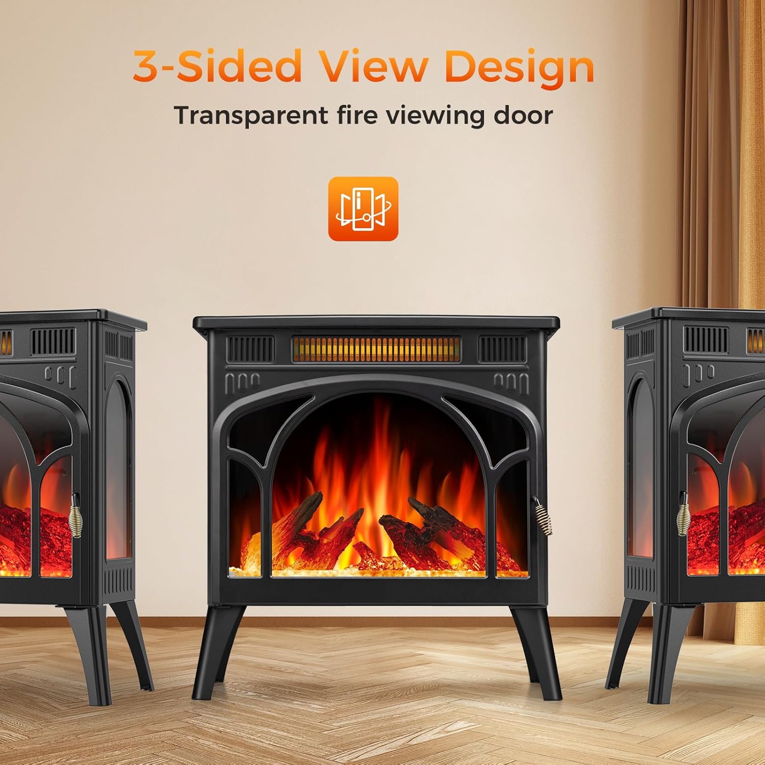 COWSAR Realistic Flame Electric Fireplace Stove, 500/1500W Freestanding Fireplace Heater with Remote Control and Timer, Adjustable Fireplace Stove Flame Color and Speed, Log Set & Crystal Options