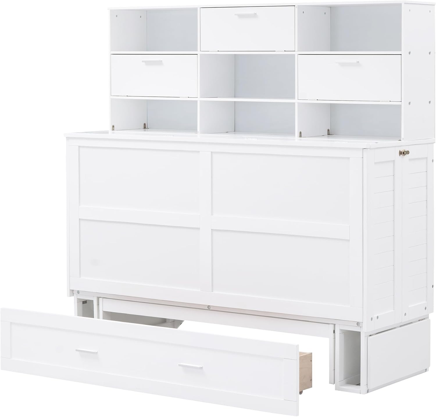 Queen Murphy Bed Cabinet Bed with Bookcase, Bedside Shelves and a Big Drawer for Guest Room or Home Office, White