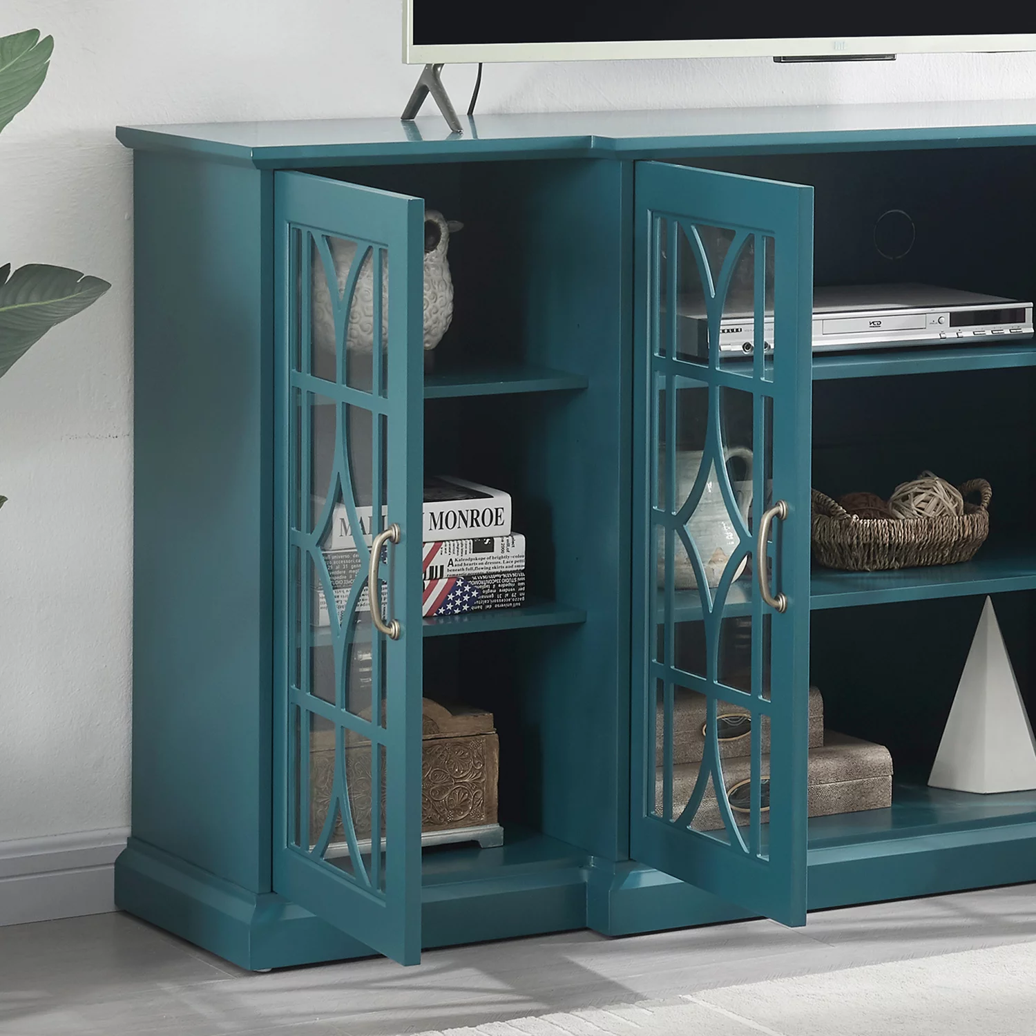 Sumdeal 63” TV Stand, Storage Buffet Cabinet, Sideboard with Glass Door and Adjustable Shelves, Console Table for Dining Living Room Cupboard, Teal Blue