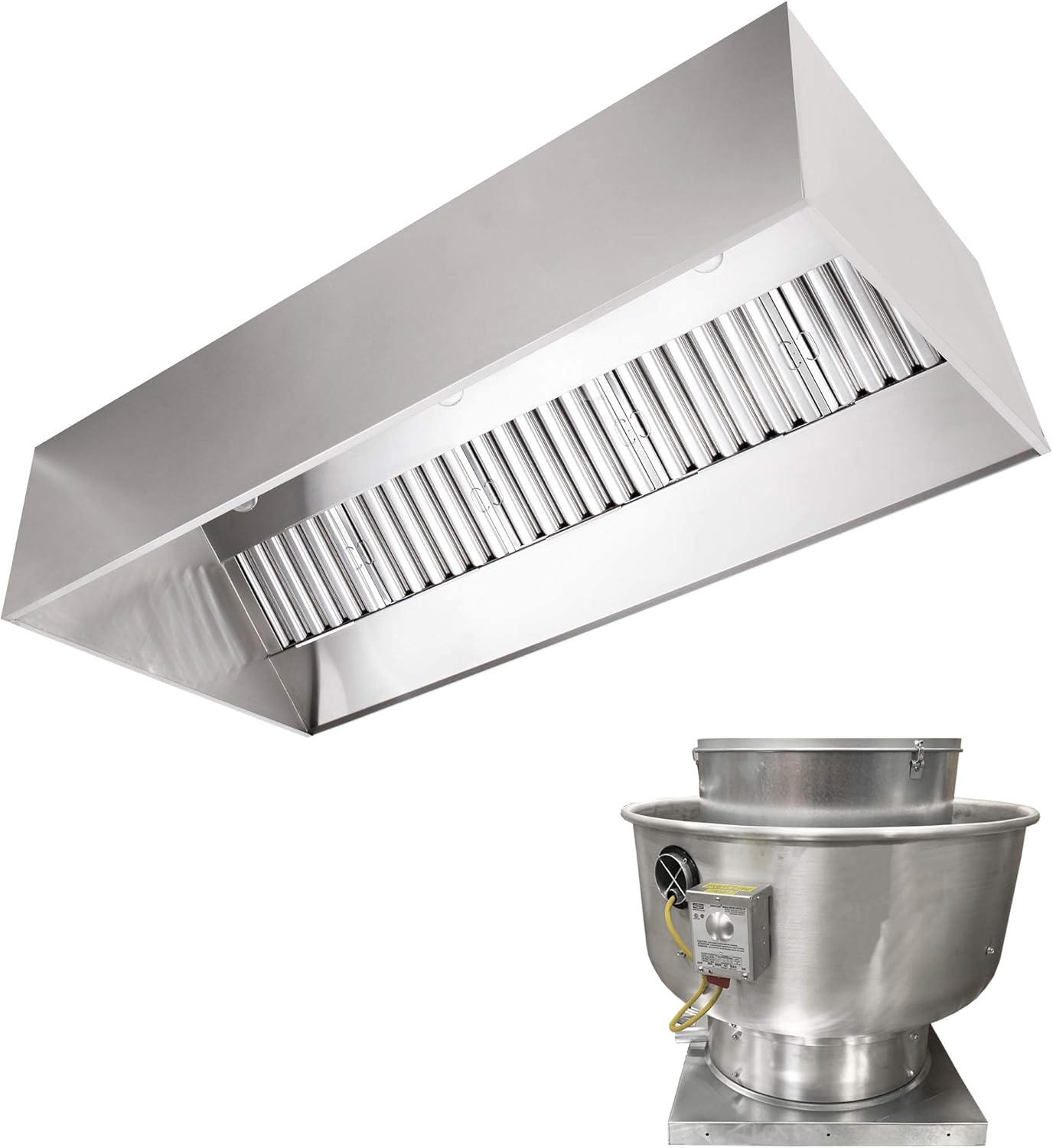Stainless Steel Commercial Exhaust Only Hood System, Includes Stainless Steel Exhaust Only Hood, Rooftop Exhaust Fan, and Roof Curb (4' Wall Exhaust Only Hood & Fan)