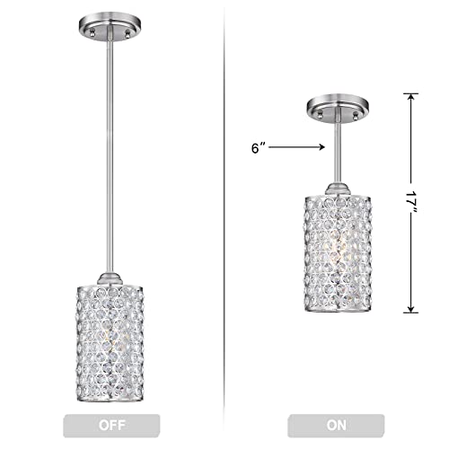 3 Pack 1 Light Hanging Kitchen Island Crystal Pendant Lighting Modern Concise Pendant Light Fixture Brushed Nickel Finish with Crystal Plate Metal Shade for Bar, Dining Room, Corridor,Living Room