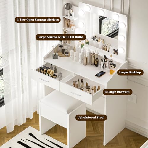 Vanity Desk with Mirror and Lights, Makeup Vanity Desk with Charging Station and Cushioned Stool, Dressing Table with 2 Drawers & 3 Lighting Modes Adjustable Brightness for Bedroom, Black