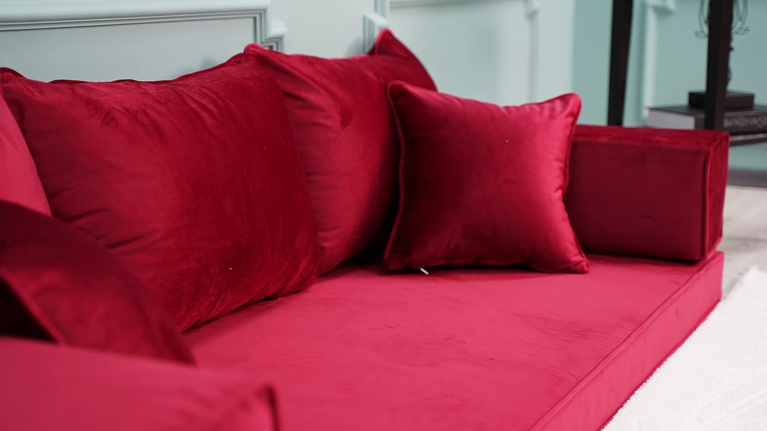 Velvet Red Color Floor Couches, Velvet Fabric Cushions, Velvet Sofas, Velvet Floor Sofas, Velvet Sectional Sofa, Velvet Floor Seating