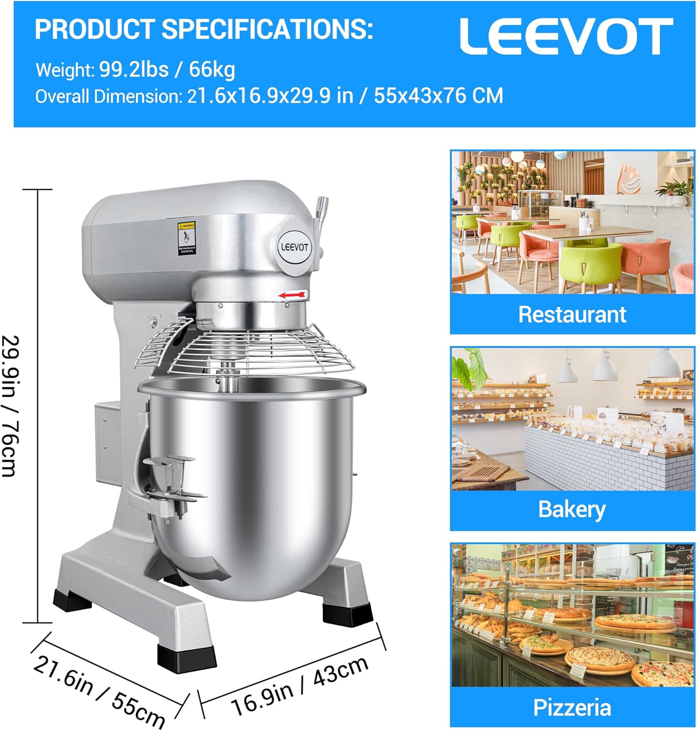 20Qt 1100W Commercial Food Mixer, Commercial mixer 3-Speed Adjustable Heavy Duty Stand Mixer with Stainless Steel Bowl for Bakery Pizzeria. (Standard)